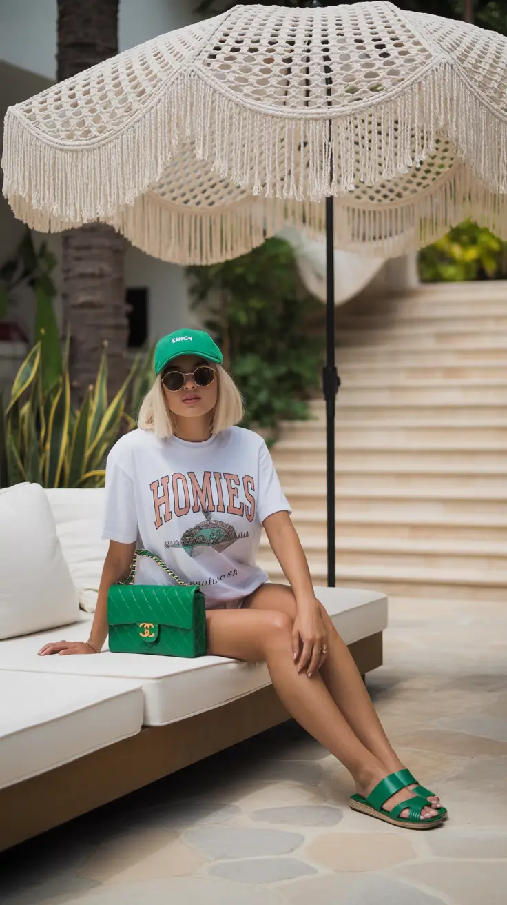 summer outfits with sandals for women 2026 Sporty chic with a statement tee and bold green sandals