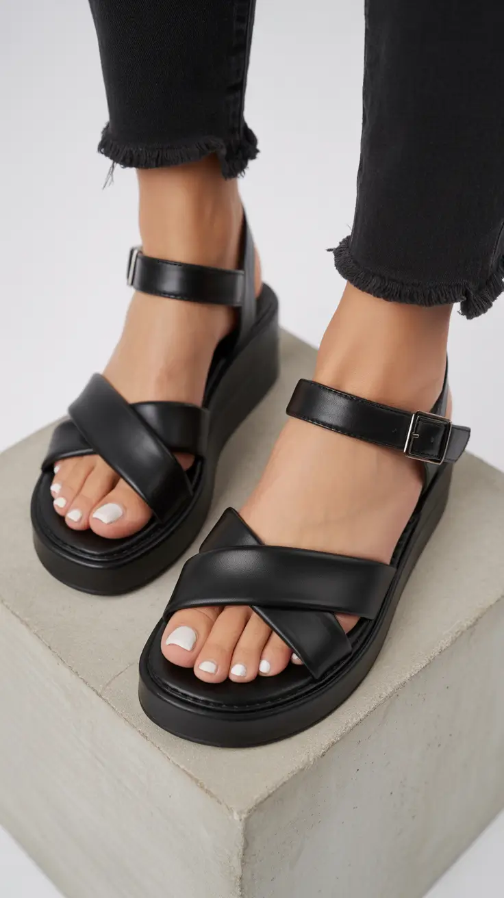 summer outfits with sandals for women 2026 Chunky black platform sandals adding bold structure to casual denim looks
