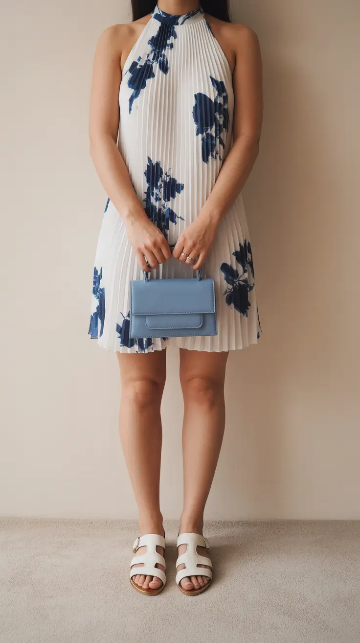 summer outfits with sandals for women 2026 Pleated floral halter dress paired with relaxed white comfort sandals