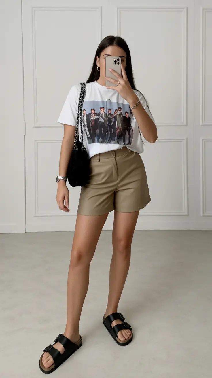 summer outfits with sandals for women 2026 Graphic tee and tailored shorts creating confident casual city outfits
