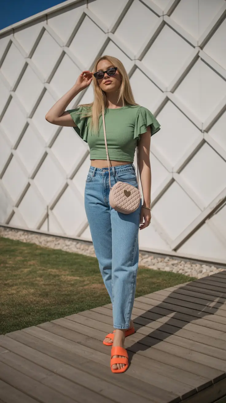summer outfits with sandals for women 2026 Playful green crop top and straight jeans with vibrant slide sandals