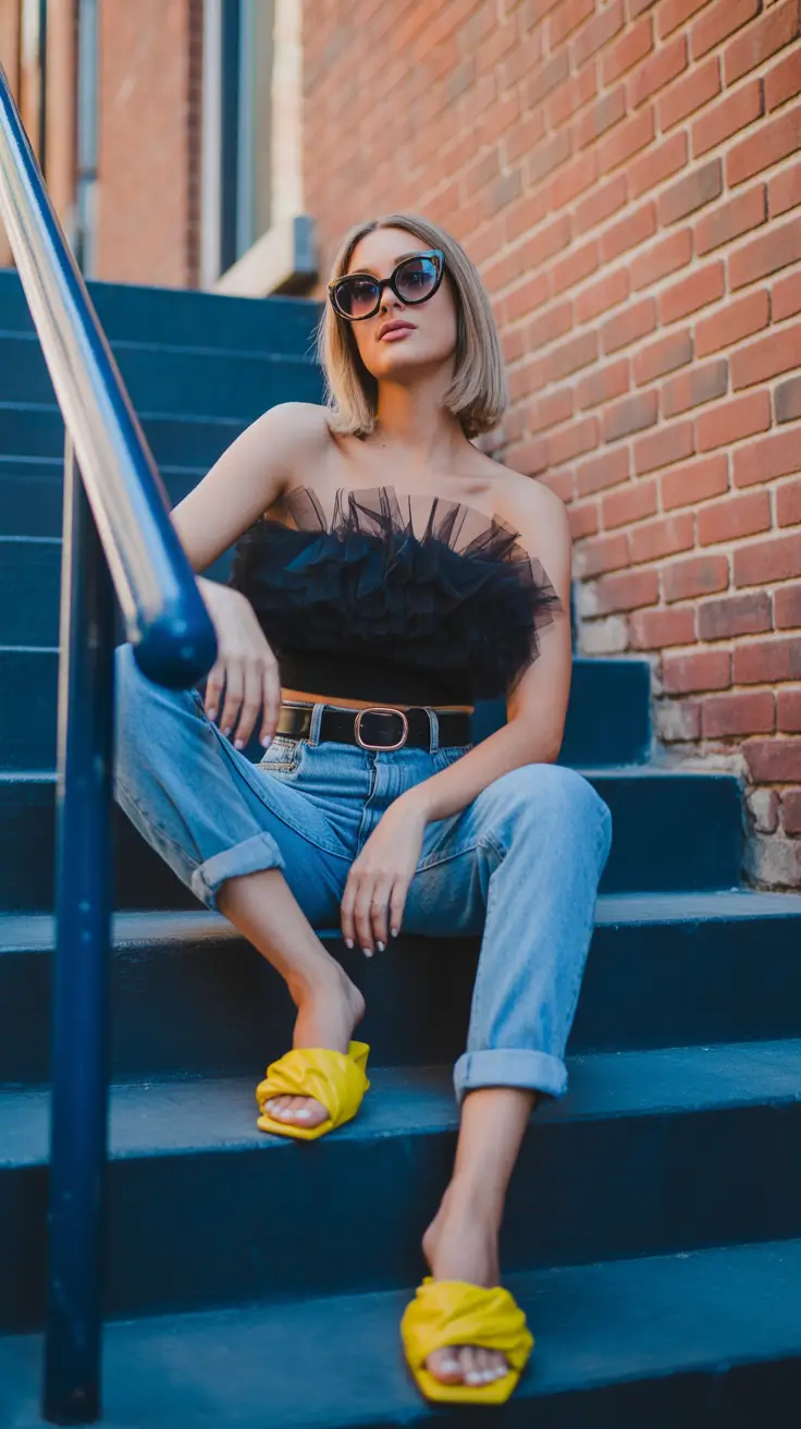 summer outfits with sandals for women 2026 Dramatic evening denim look elevated by bold statement slide sandals