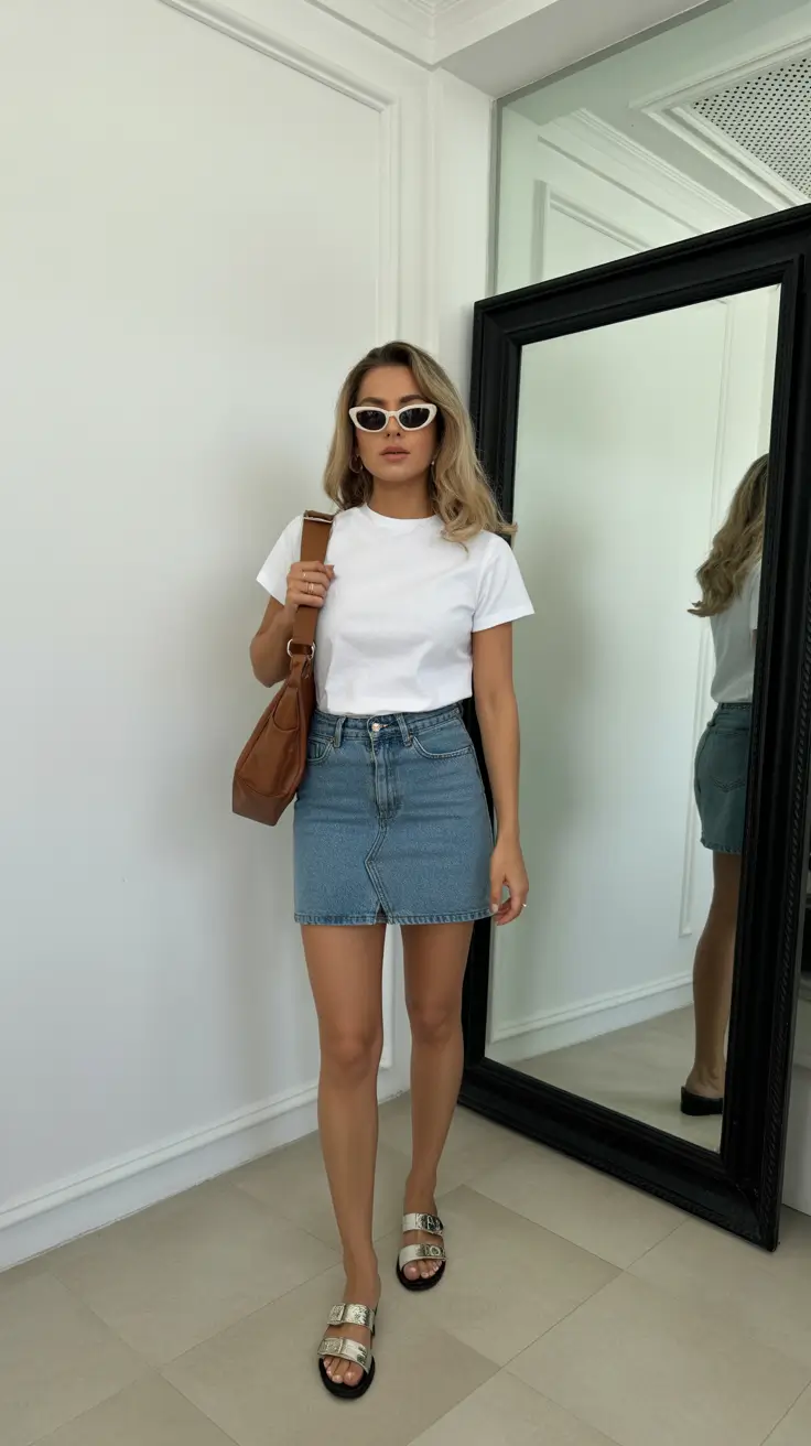 summer outfits with sandals for women 2026 Clean girl aesthetic with a denim mini and metallic slides