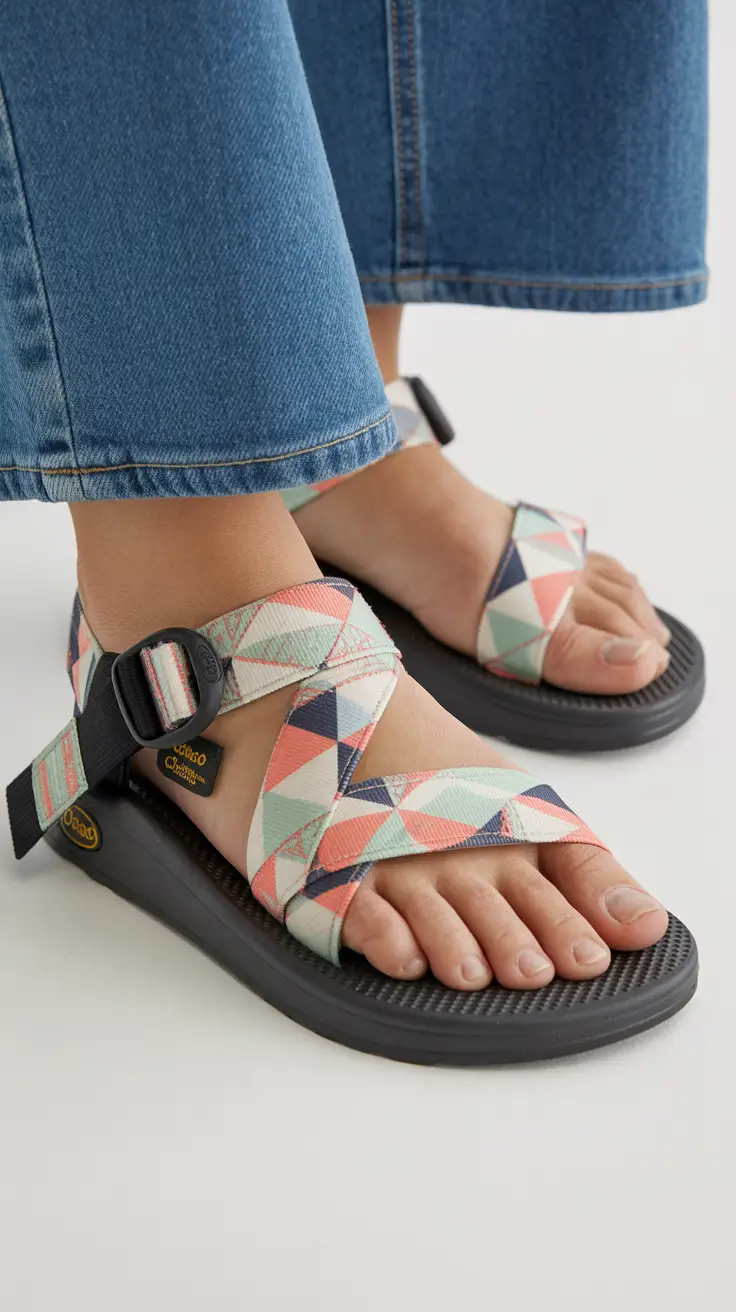 summer outfits with sandals for women 2026 Geometric sporty sandals bringing playful energy to everyday denim