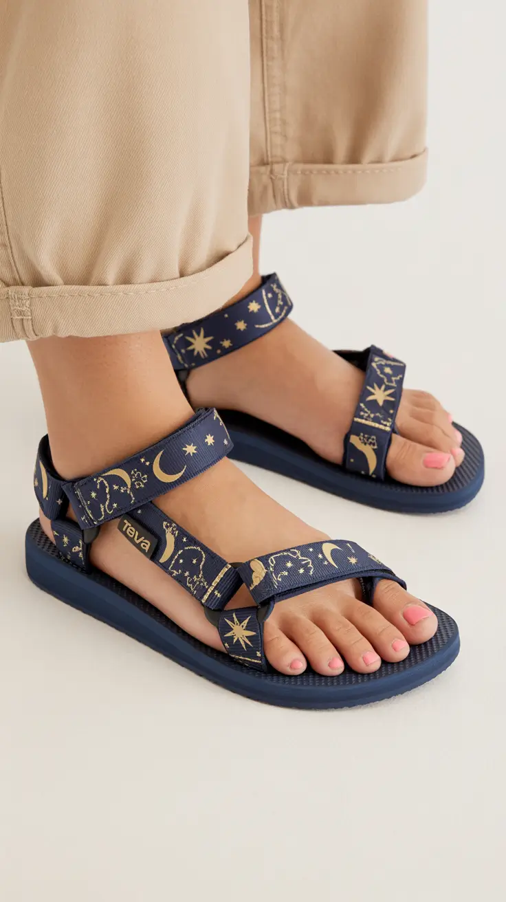 summer outfits with sandals for women 2026 Celestial print hiking sandals redefining practical summer fashion