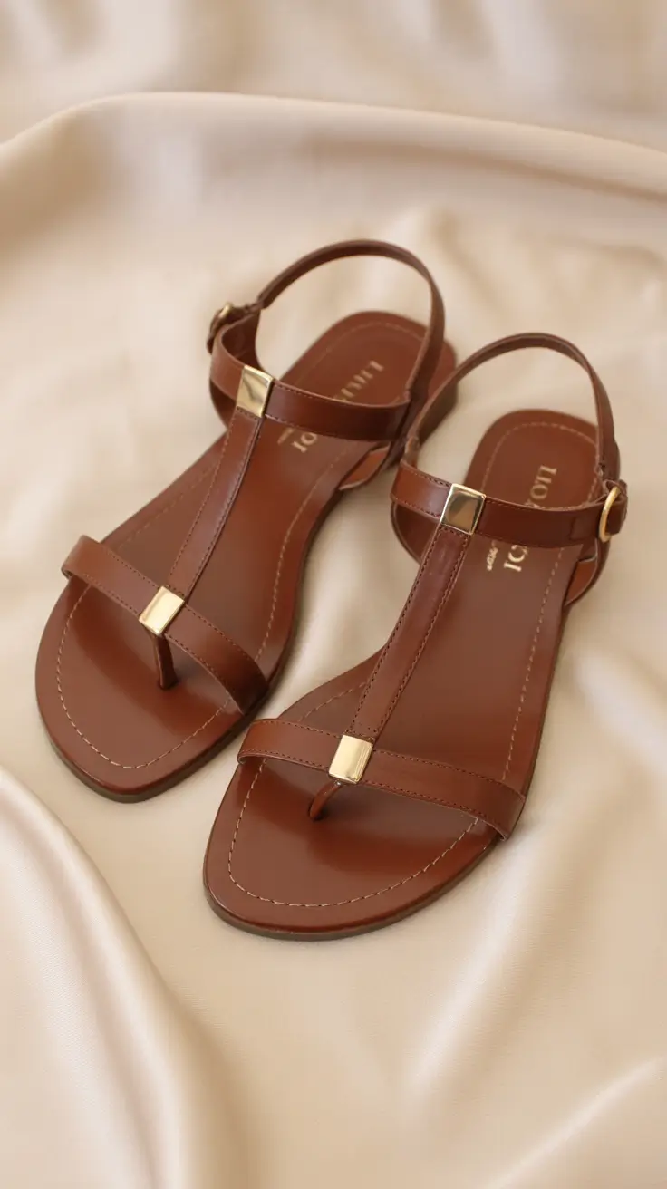 summer outfits with sandals for women 2026 Classic brown leather T-bar sandals for timeless everyday styling