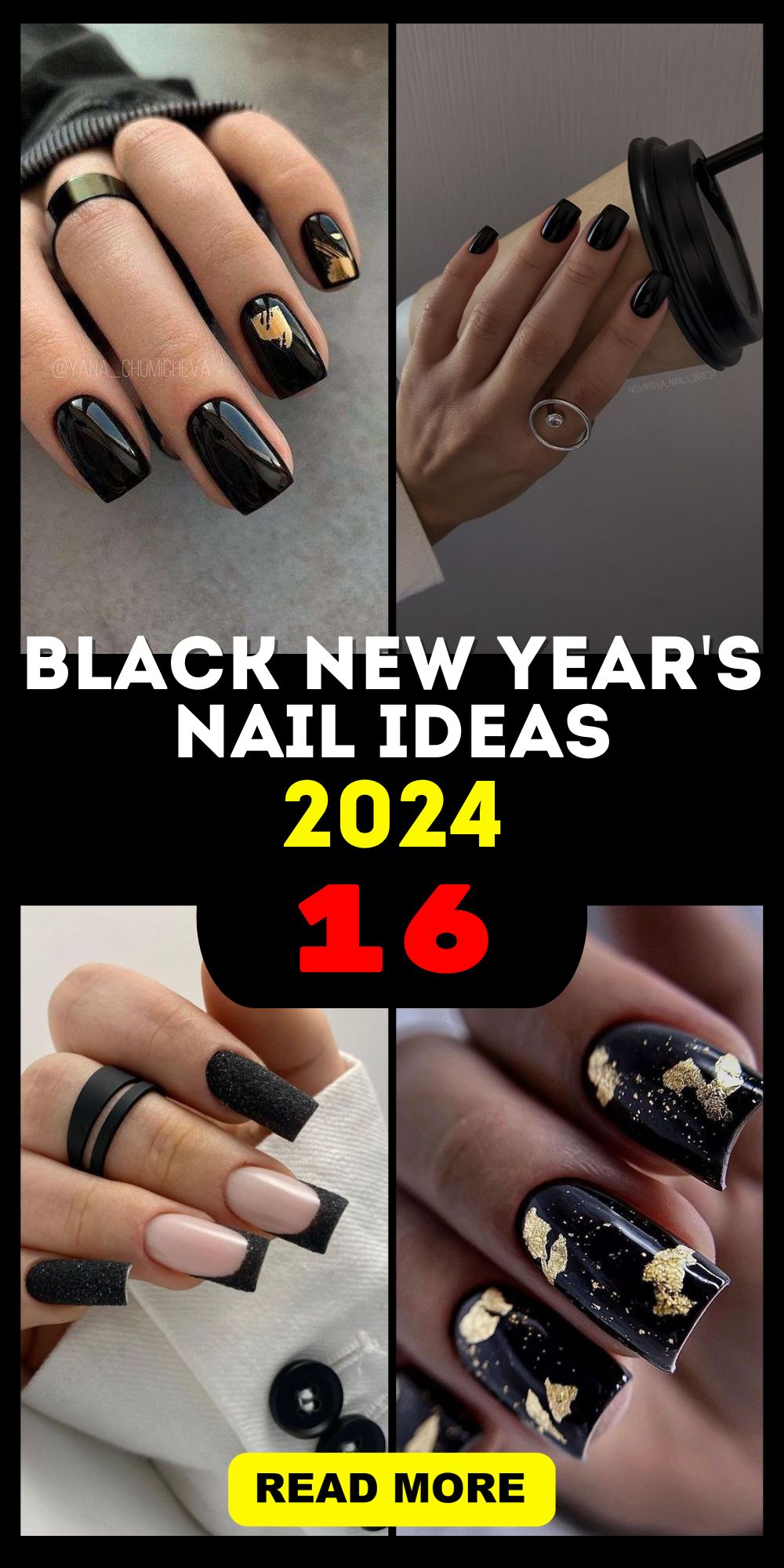 Chic 2024 Black New Year's Nail Ideas with Gold, Silver, and Glamour