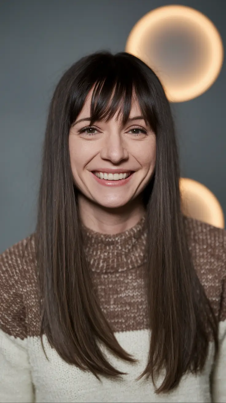 Chic Bangs Haircut Inspo Summer 2025 Glossy Brunette with Rounded Bangs