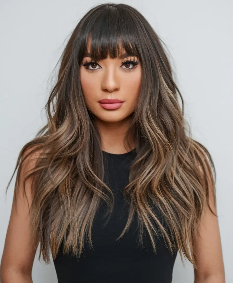 Chic Bangs Haircut Inspo Summer 2025 Textured Brunette with Full Fringe