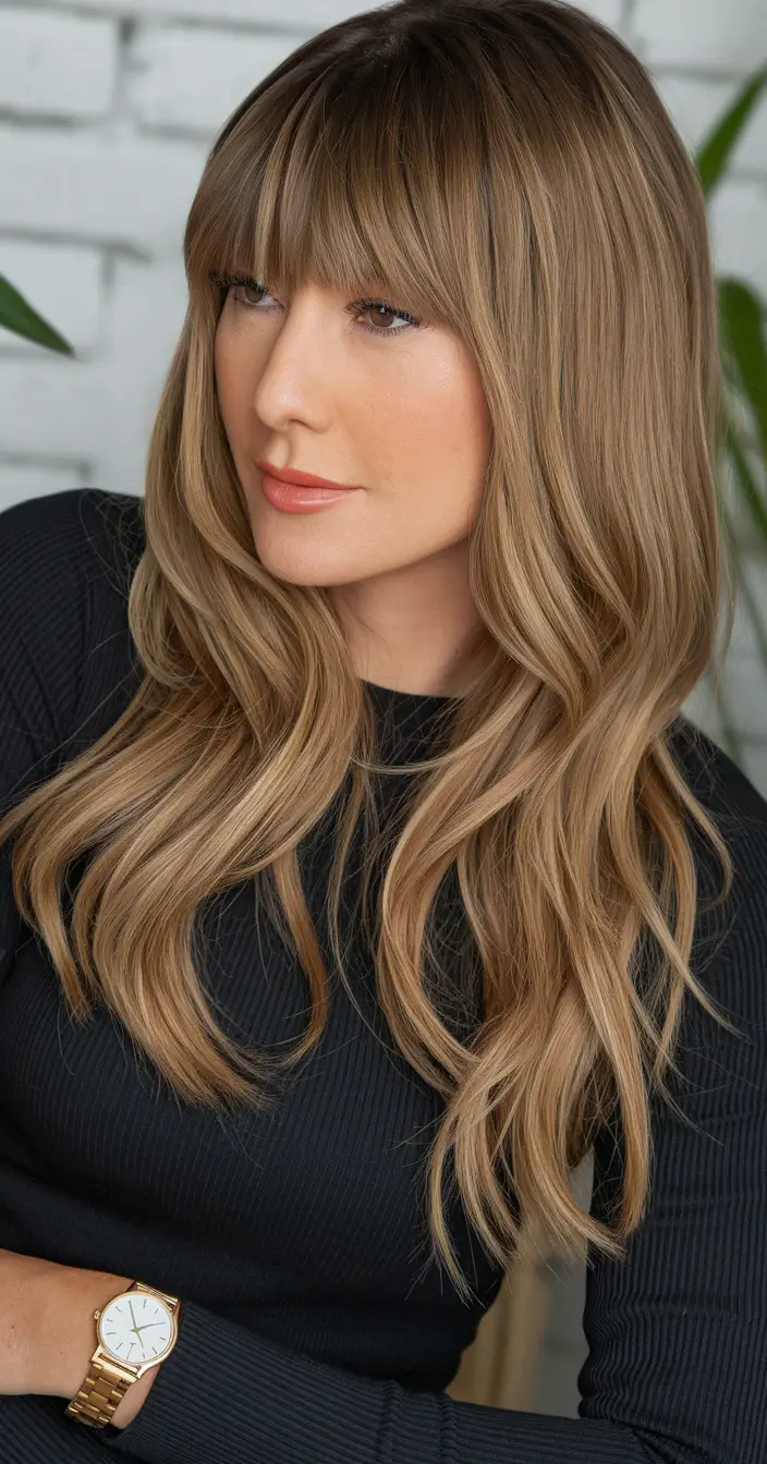 Chic Bangs Haircut Inspo Summer 2025 Golden Blonde with Full Fringe and Soft Ends