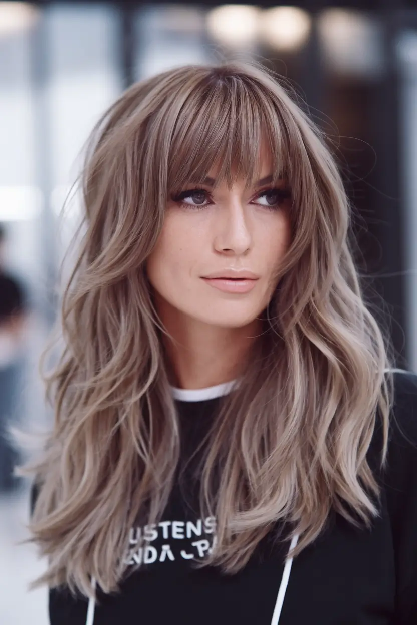 Chic Bangs Haircut Inspo Summer 2025 Smoky Blonde Layers with Wispy Bangs