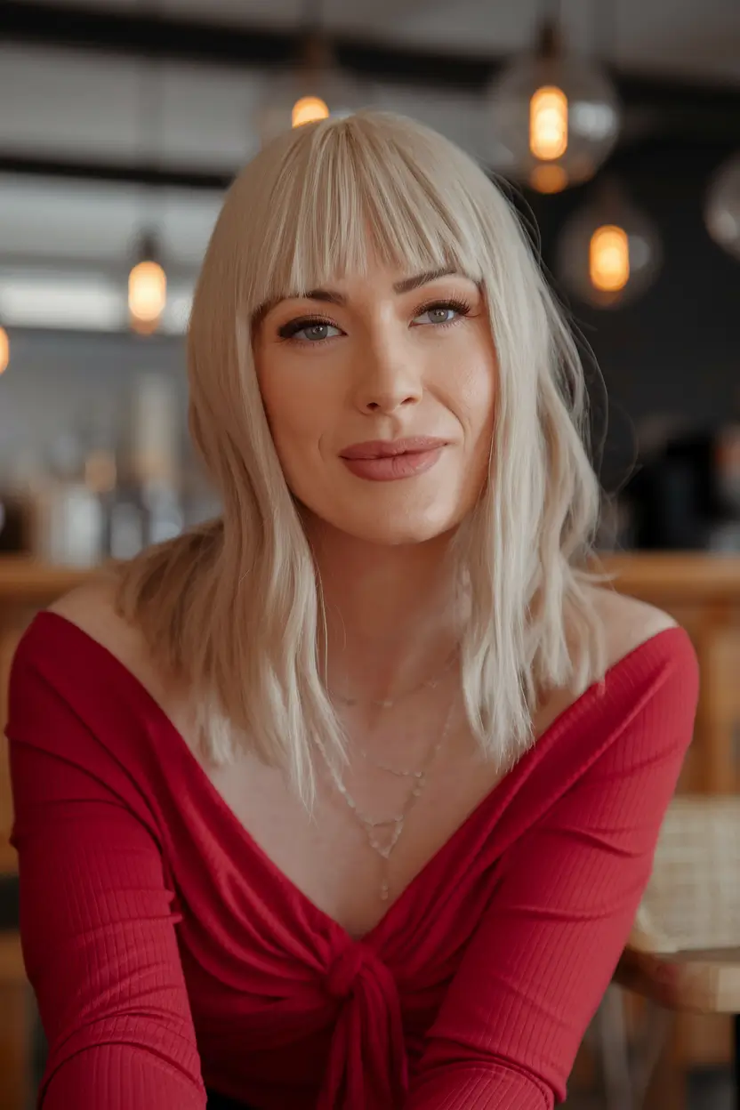 Chic Bangs Haircut Inspo Summer 2025 Classic Platinum Bob with Full Bangs