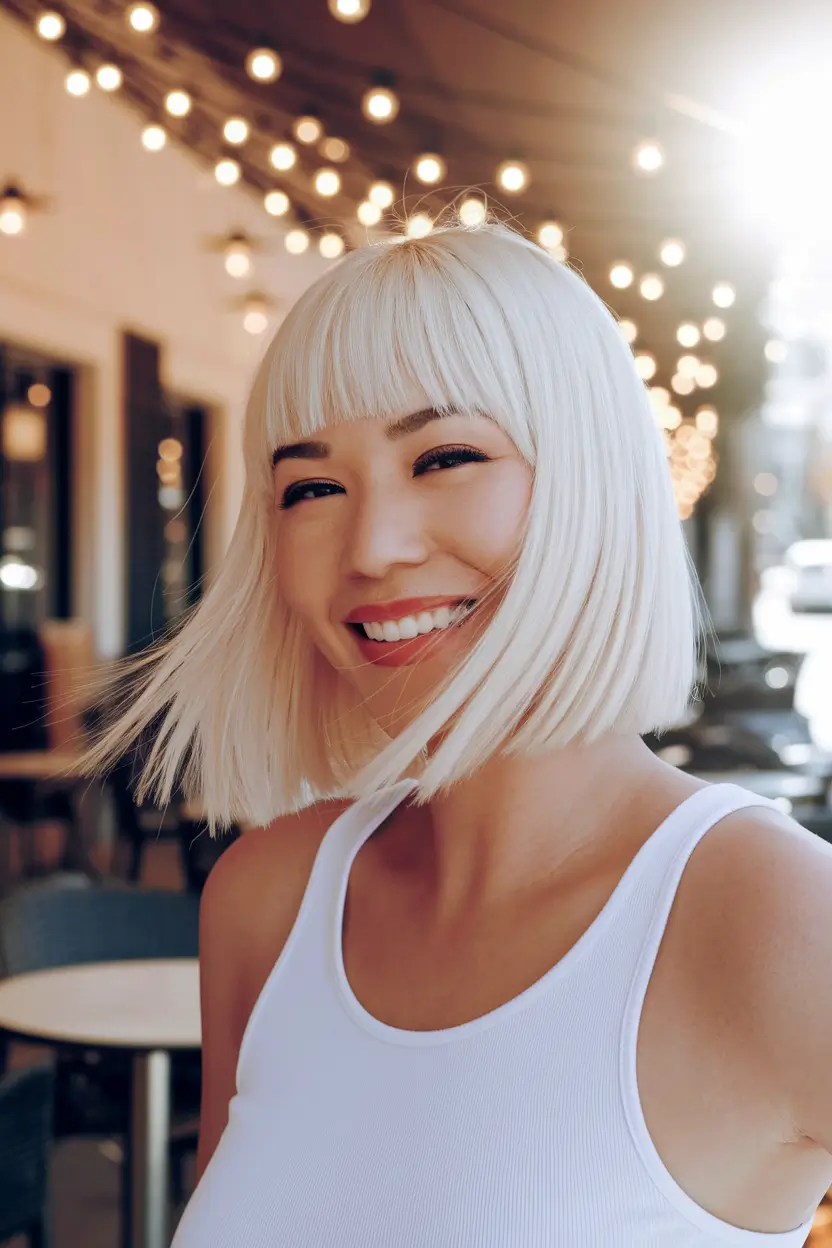 Chic Bangs Haircut Inspo Summer 2025 Platinum Power Bob with Blunt Bangs