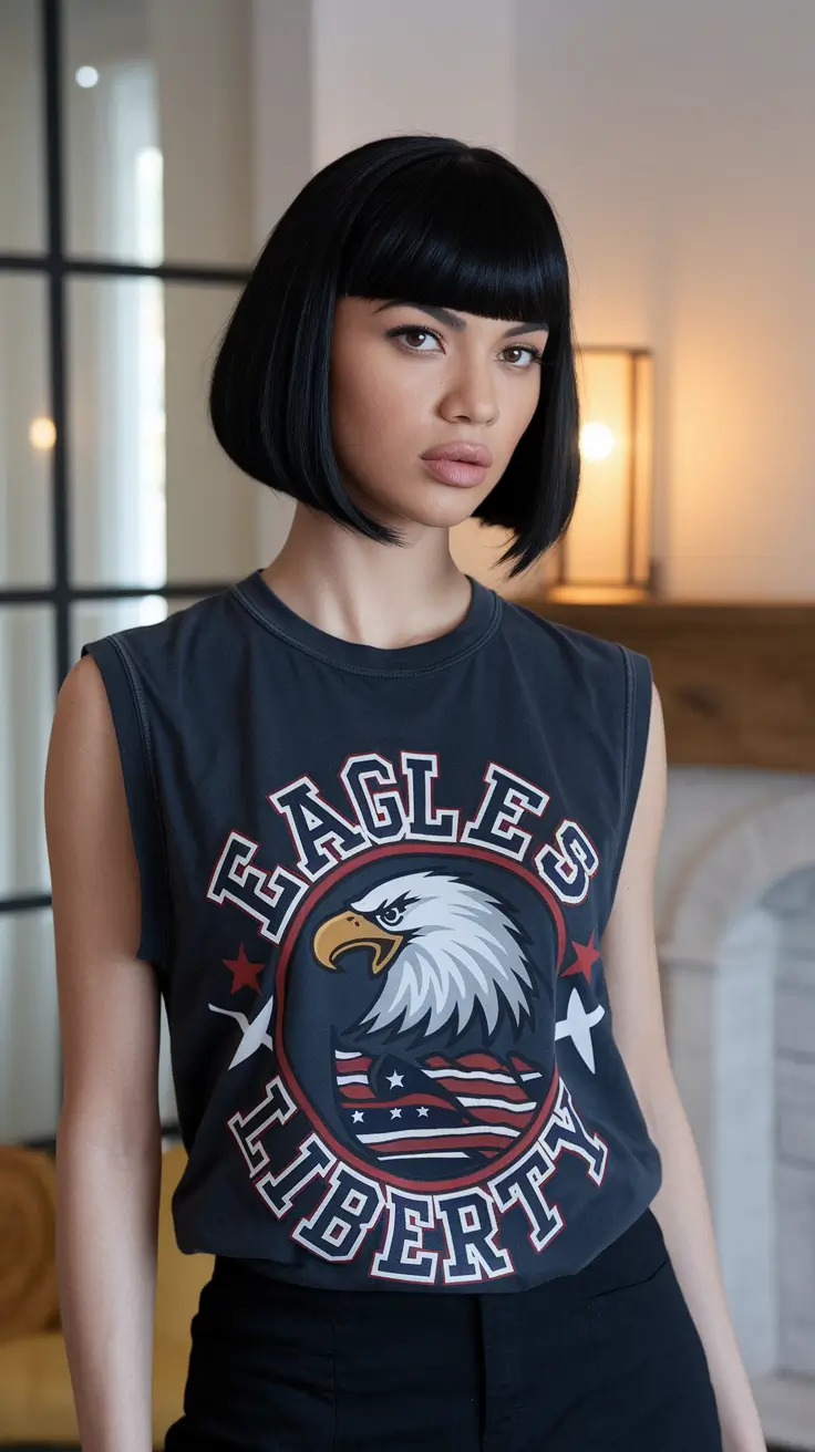 Chic Bangs Haircut Inspo Summer 2025 Glossy Jet-Black Bob with Precision Bangs