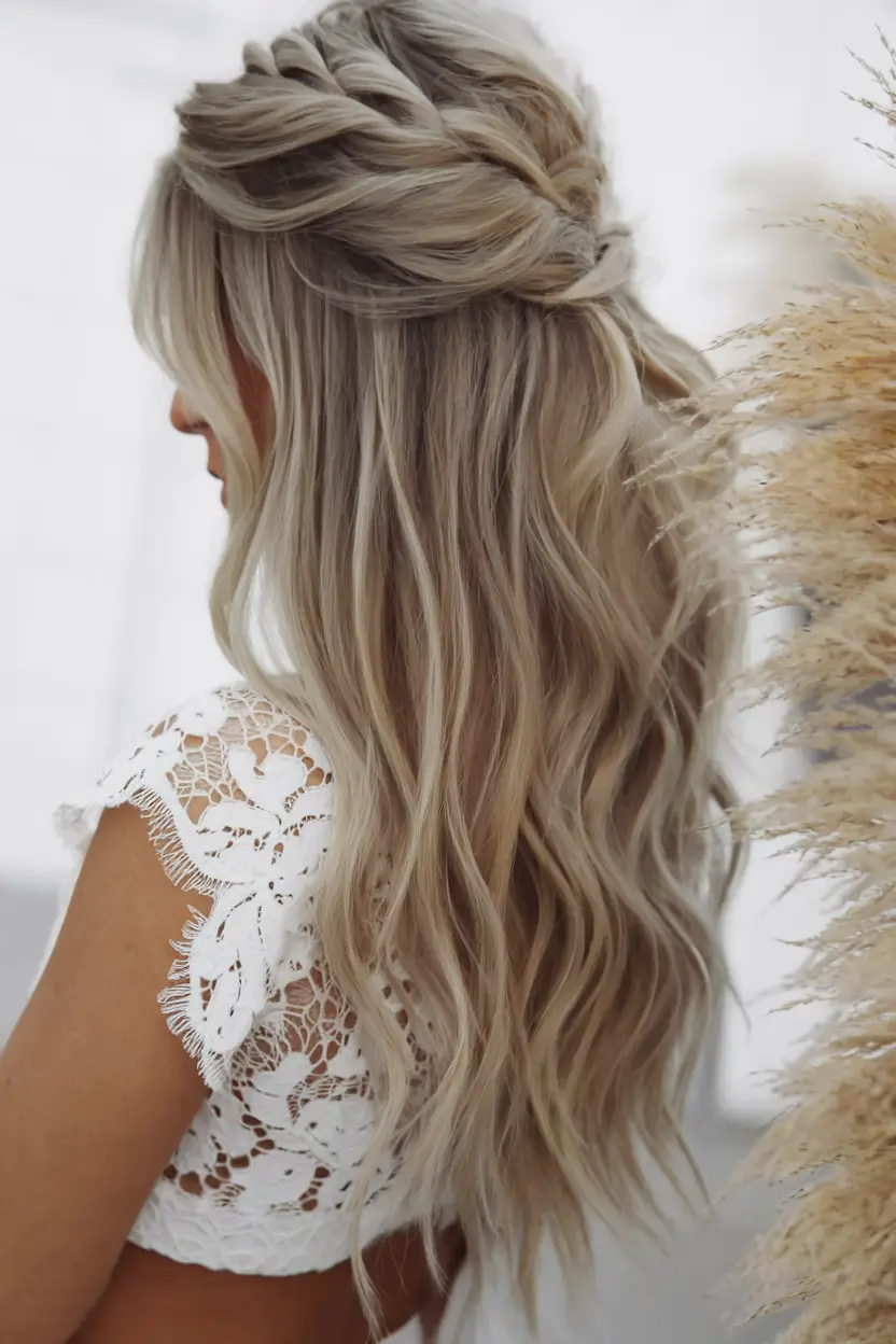 Gorgeous Long Hair Ideas for Summer 2025 Boho Braided Half-Up Style With Wavy Ends