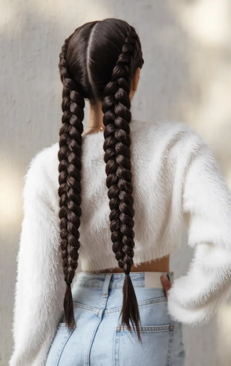 Gorgeous Long Hair Ideas for Summer 2025 Double Braided Pigtails With Glossy Finish