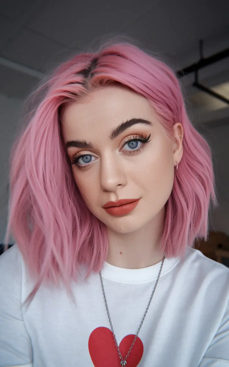 Perfect Haircuts for Oval Faces – Playful Textured Bob in Pastel Pink