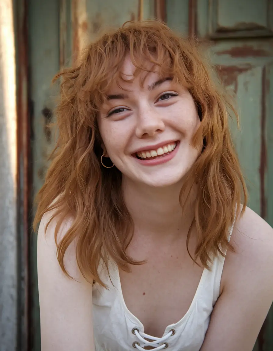 Perfect Haircuts for Oval Faces – Feathery Ginger Shag with Wispy Bangs