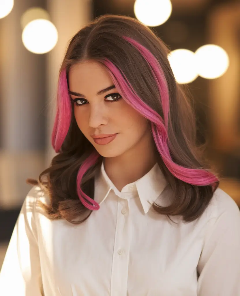 girl haircuts Chocolate Brown Waves with Pink Money Pieces