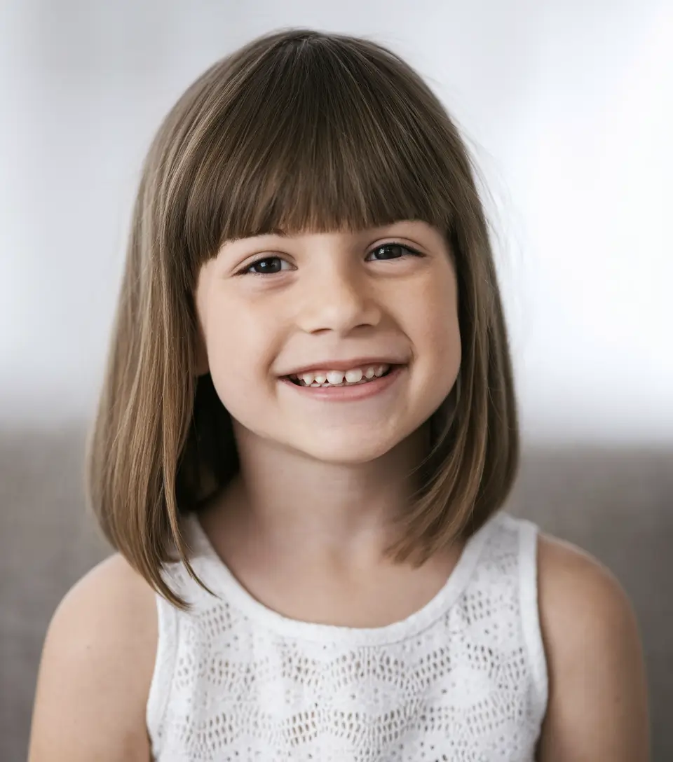 girl haircuts medium kids Angled Bob with Full Bangs