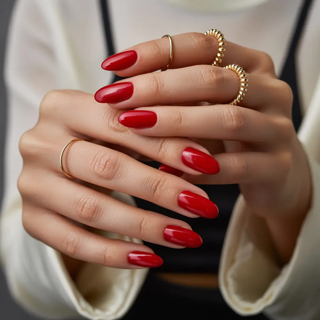 cute summer almond nails 2025 Midnight Movie Red with Ultra Gloss