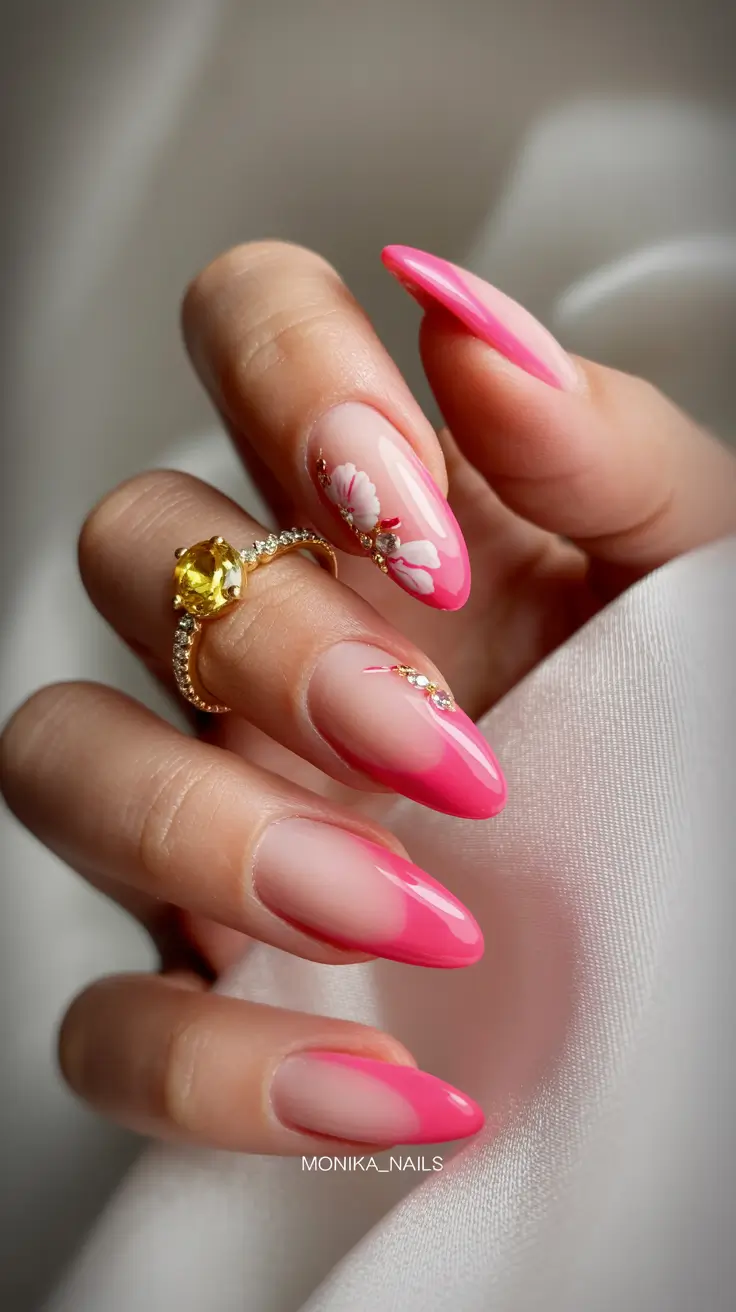 cute summer almond nails 2025 Pink Ombre Florals with Delicate Detail