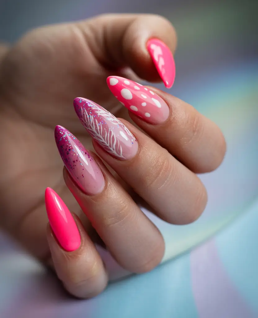 cute summer almond nails 2025 Playful Candy Pink with Mixed Designs