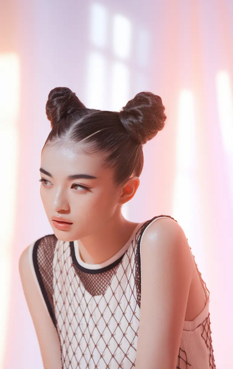 Fresh Hairstyles for June 2025 - Sleek Space Buns with a Glossy Finish