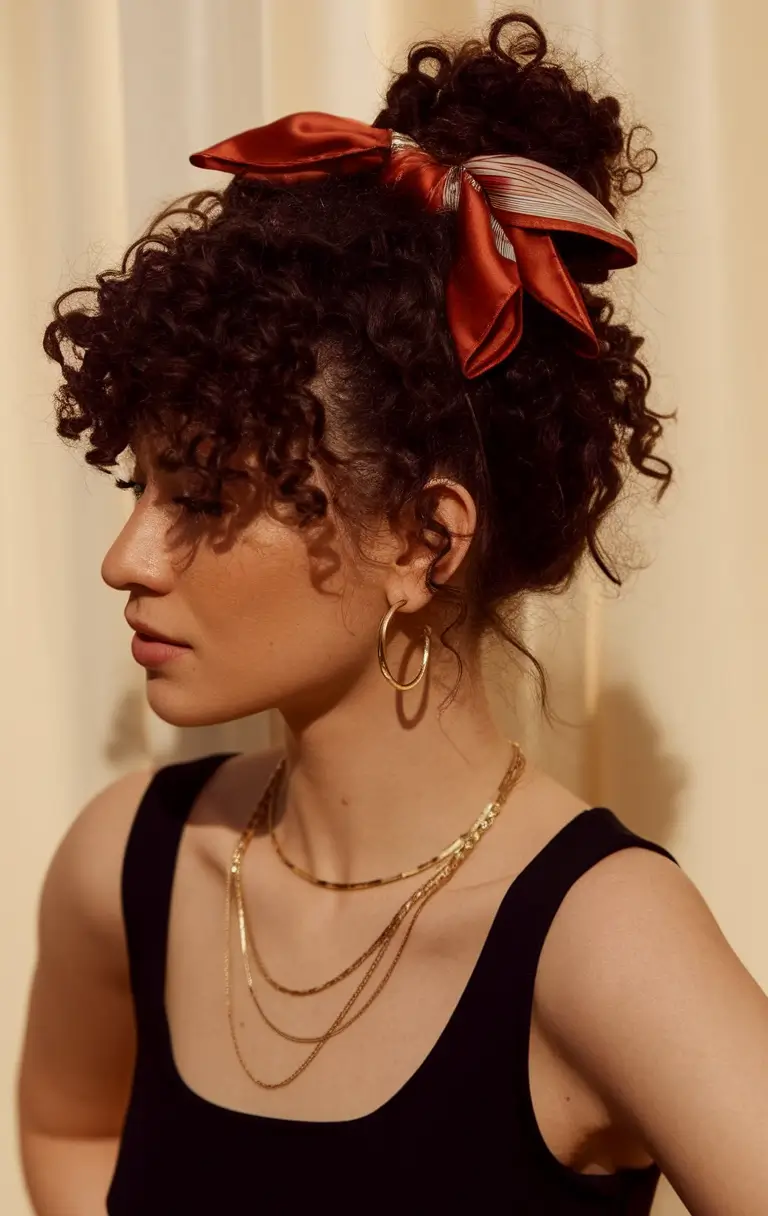 Fresh Hairstyles for June 2025 - Curly High Bun with a Satin Bow