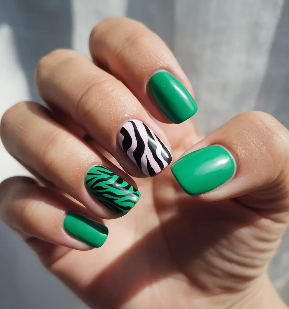 best june nail colors Jungle Green with Zebra Twist
