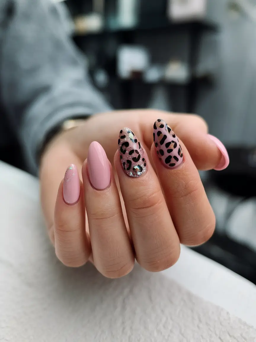 best june nail colors Pink & Leopard Chic with a Hint of Glitter