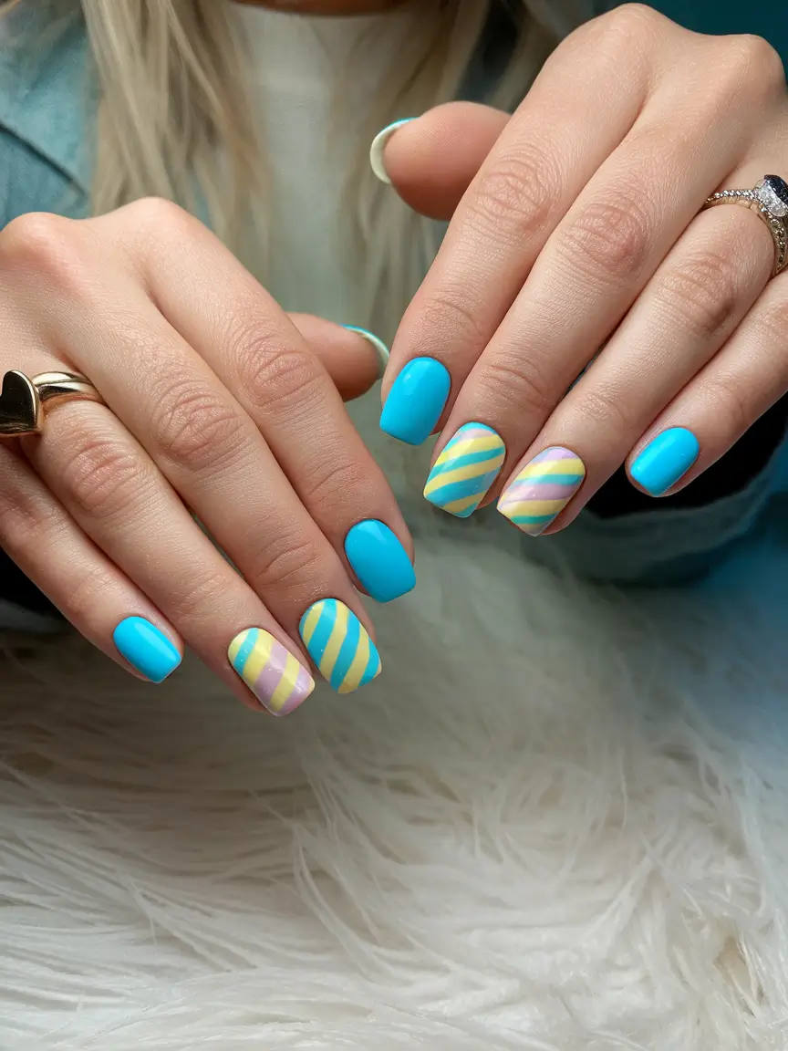best nail colors for june Playful Stripes in Aqua and Sorbet Pastels