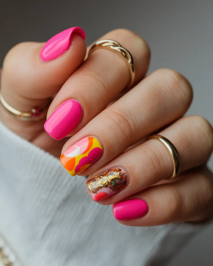 best june nail colors Hot Pink Meets Summer Psychedelic