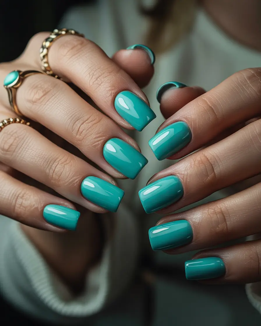 best june nail colors Classy Teal Gloss with Square Tips