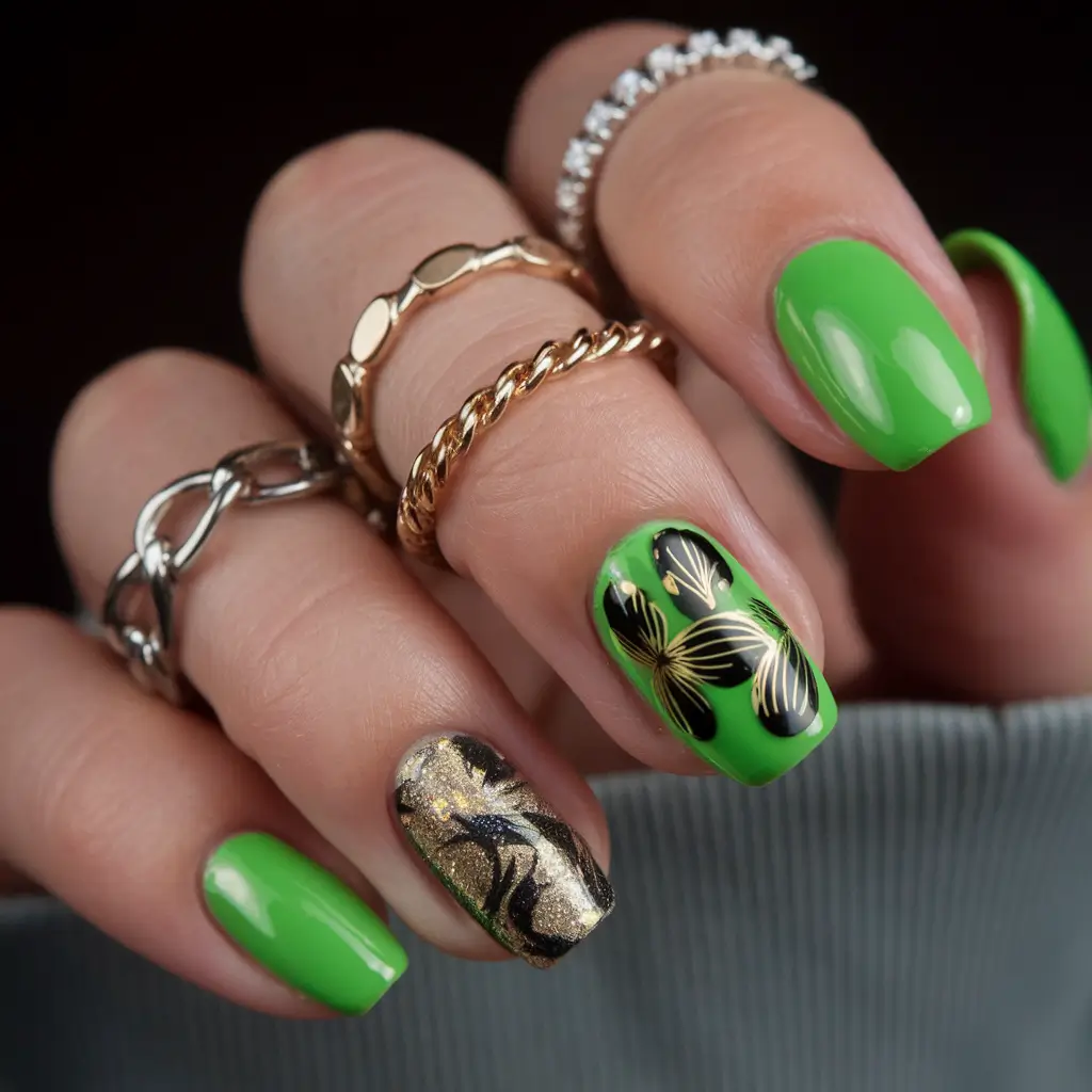 best june nail colors Lime Green with Gold Botanical Flair
