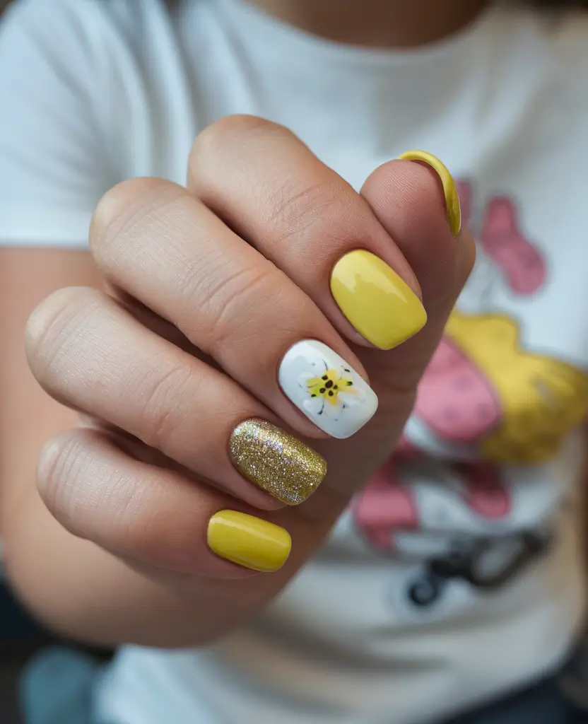 best june nail colors Daisy Yellow with a Touch of Glitter