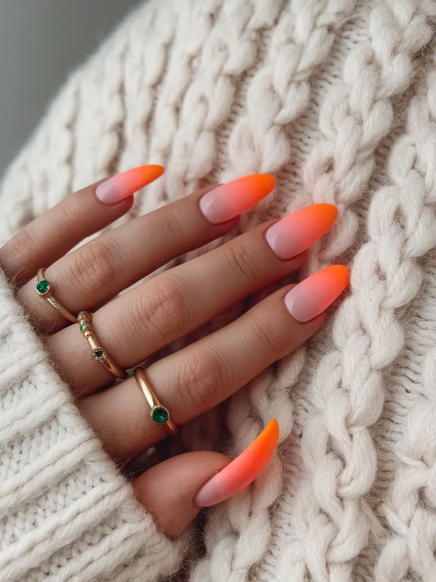 best june nail colors Coral-Orange Almond Fade