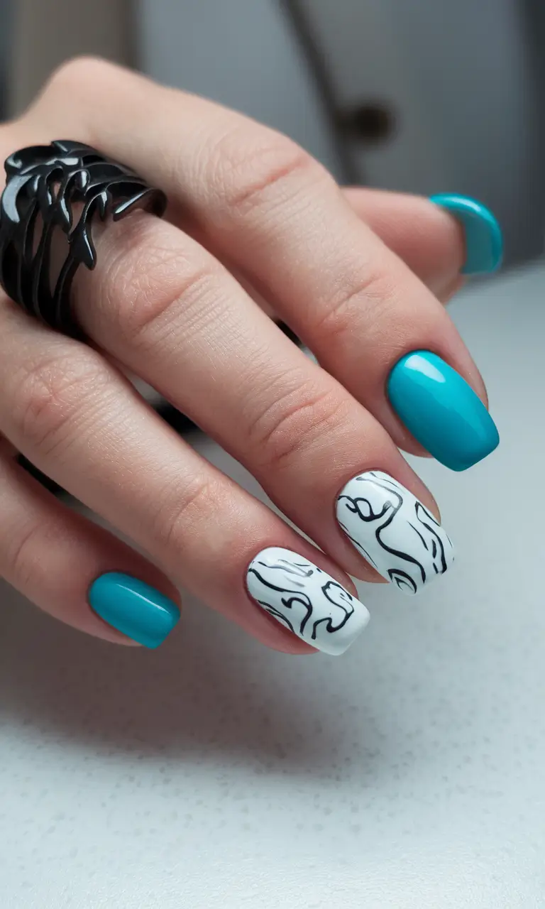 best june nail colors Turquoise Dip with Modern Art Sketch