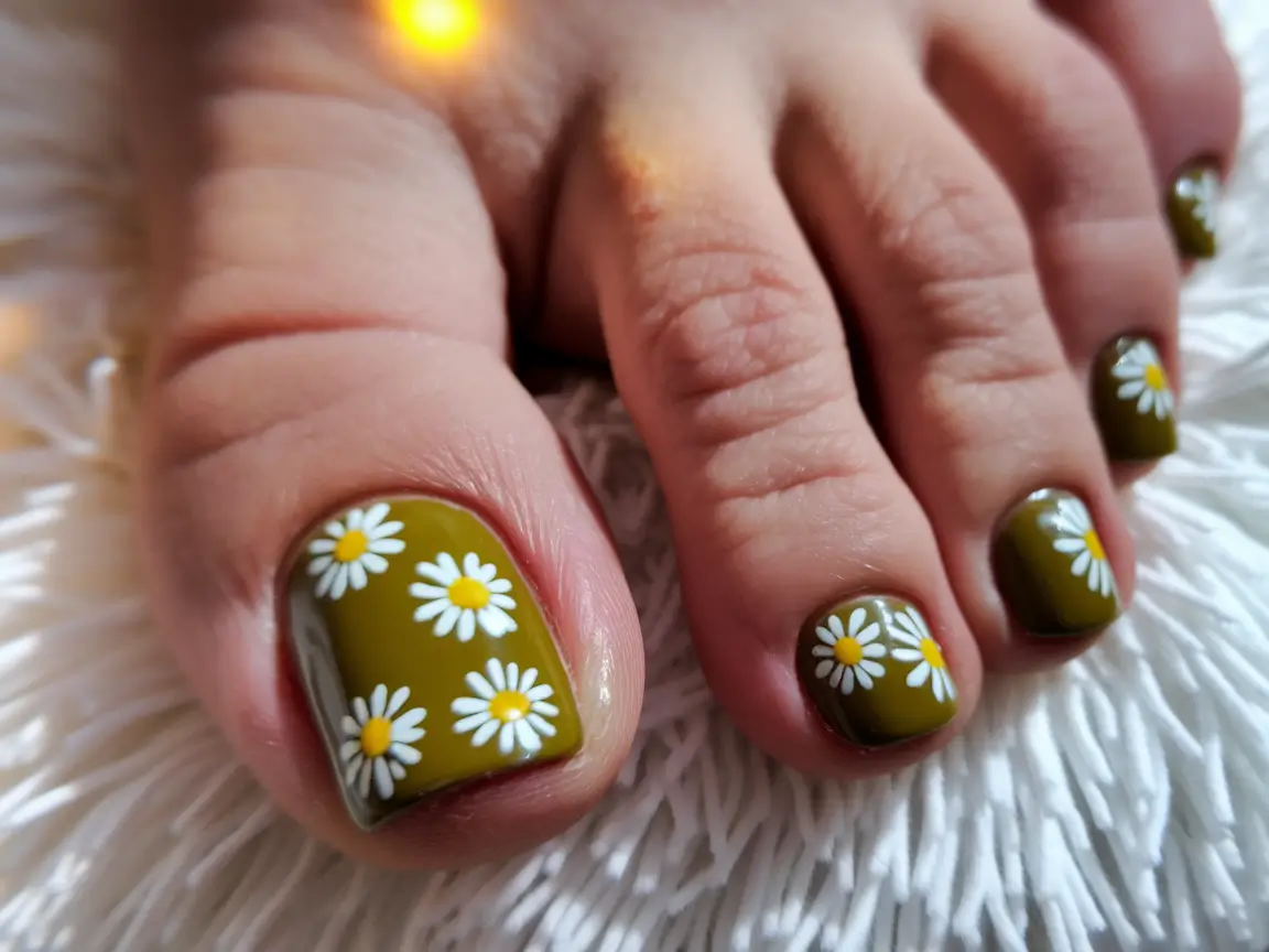 Bold Toe Colors for Summer 2025 Olive Green with Daisies: Fresh and Floral