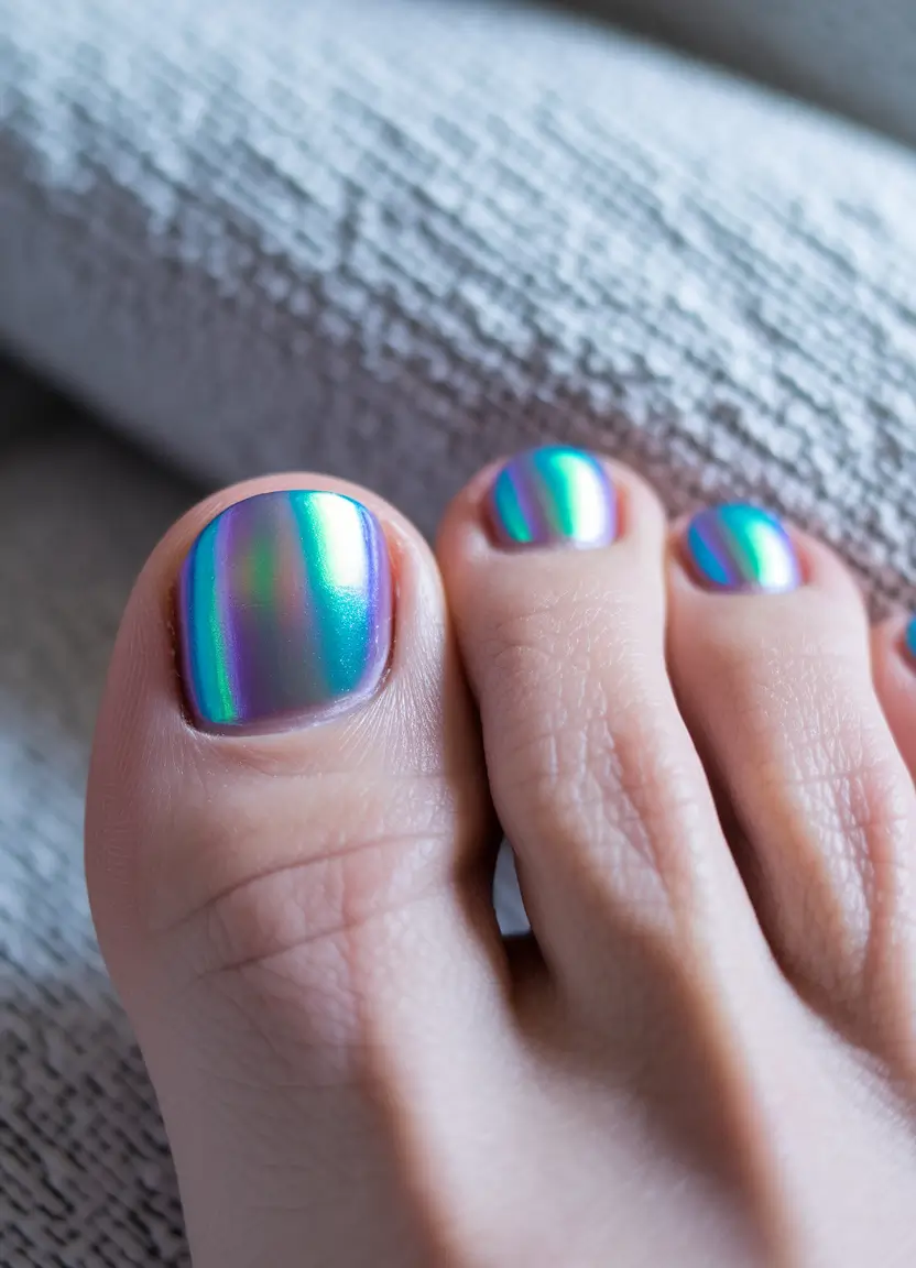 Bold Toe Colors for Summer 2025 Holographic Magic: Shimmering Rainbows on Your Toes