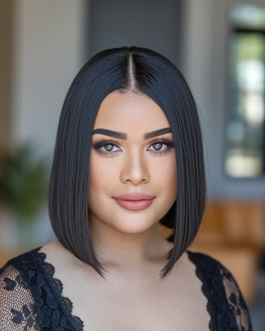 chic bob haircuts Glass-Shine Angled Bob with Middle Part