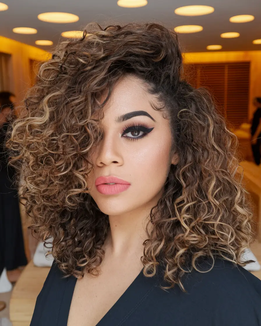 Curly Haircuts Inspiration - Natural Curls for Summer 2025+Side Swept with Caramel Curls