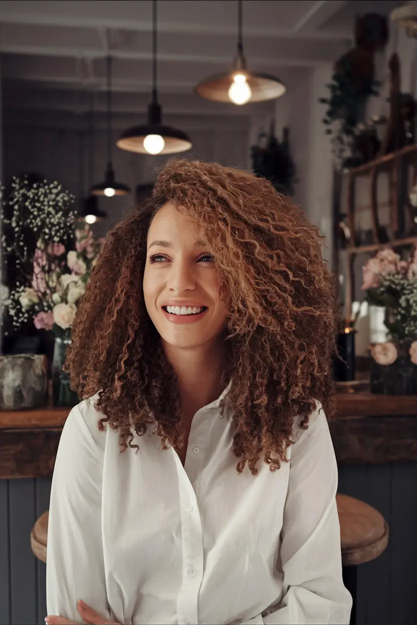 Curly Haircuts Inspiration - Natural Curls for Summer 2025+Layered Warm Auburn with Side Volume