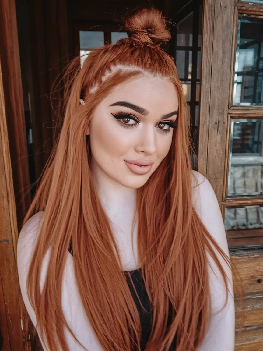 Cute Natural Summer Hairstyle Ideas 2025: Effortless Looks Copper Top Knot Half-Up