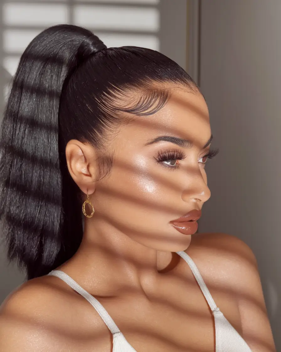 Cute Natural Summer Hairstyle Ideas 2025: Effortless Looks Glossy Black Pony With Sculpted Baby Hairs