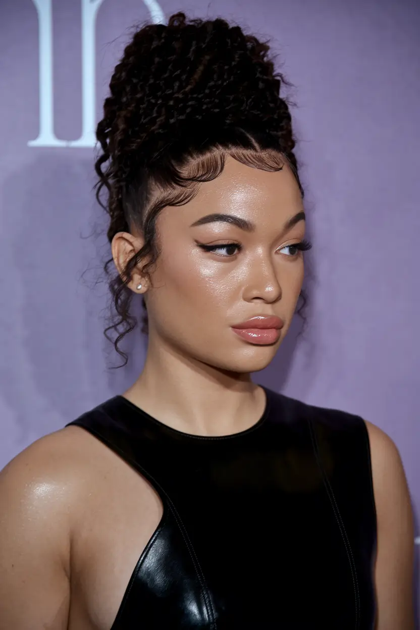 Cute Natural Summer Hairstyle Ideas 2025: Effortless Looks Curly High Bun With Defined Edges