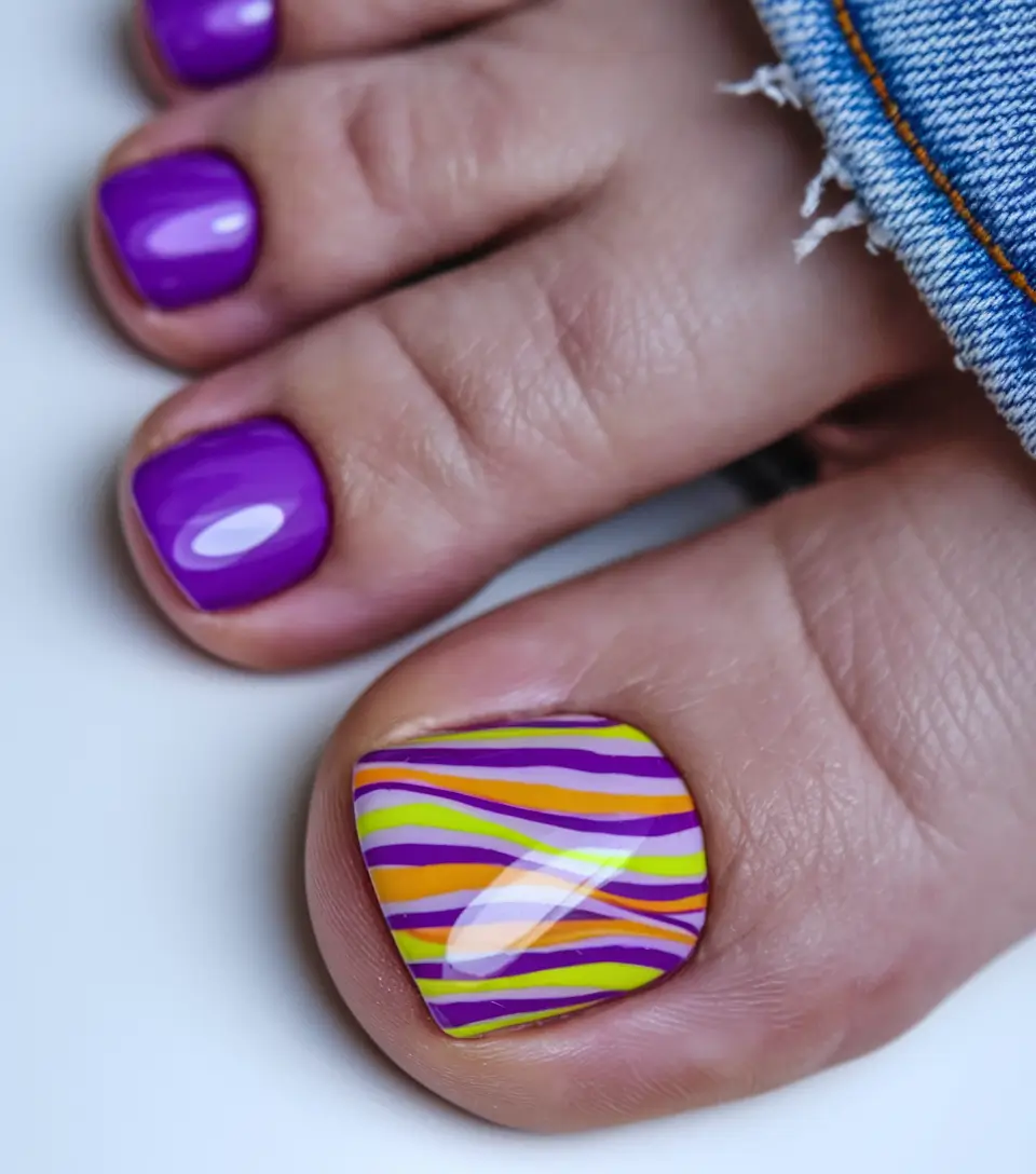 Cute Toe Nail Designs to Try Summer 2025 - Psychedelic Stripe Party