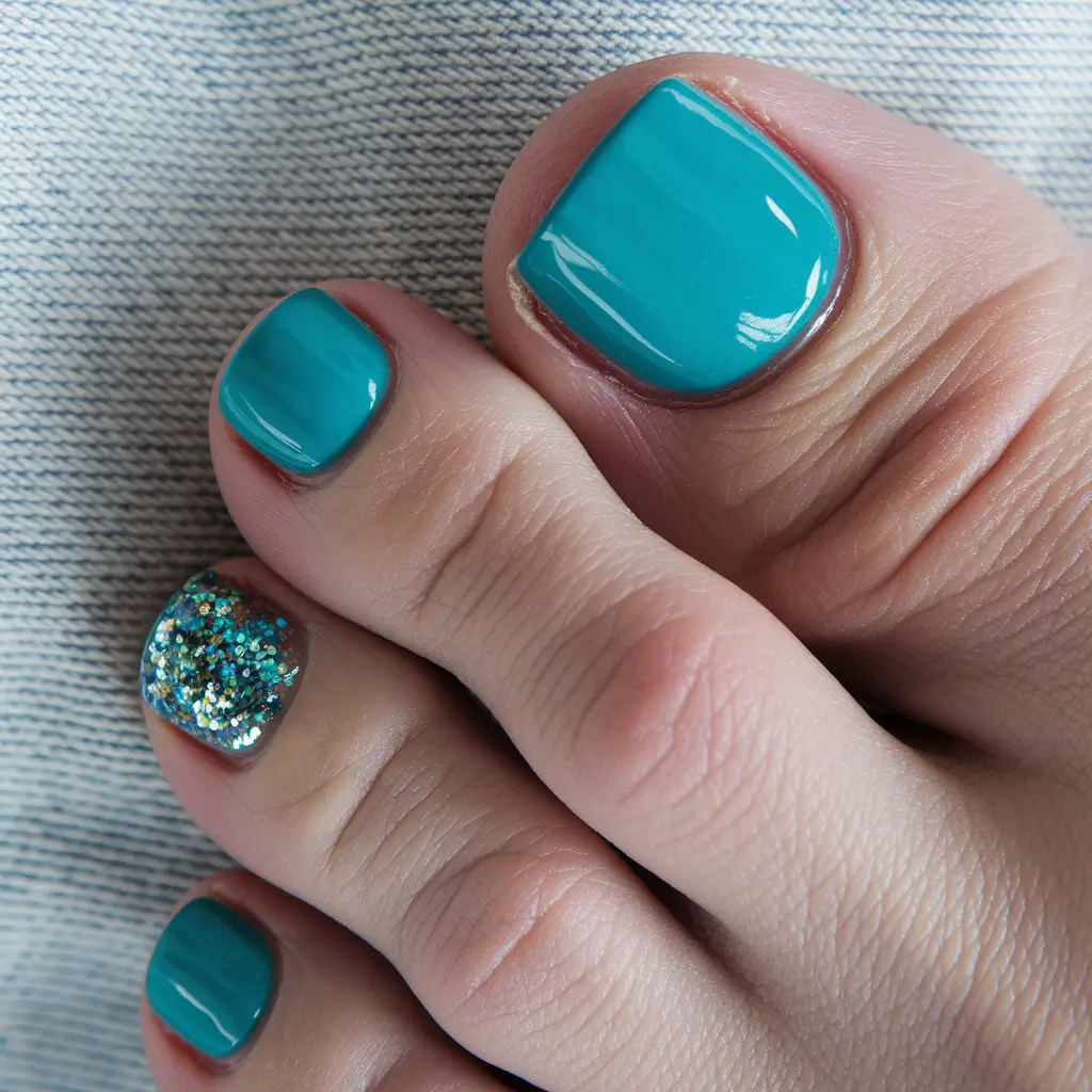 Cute Toe Nail Designs to Try Summer 2025 - Turquoise Splash with Glitter Accent