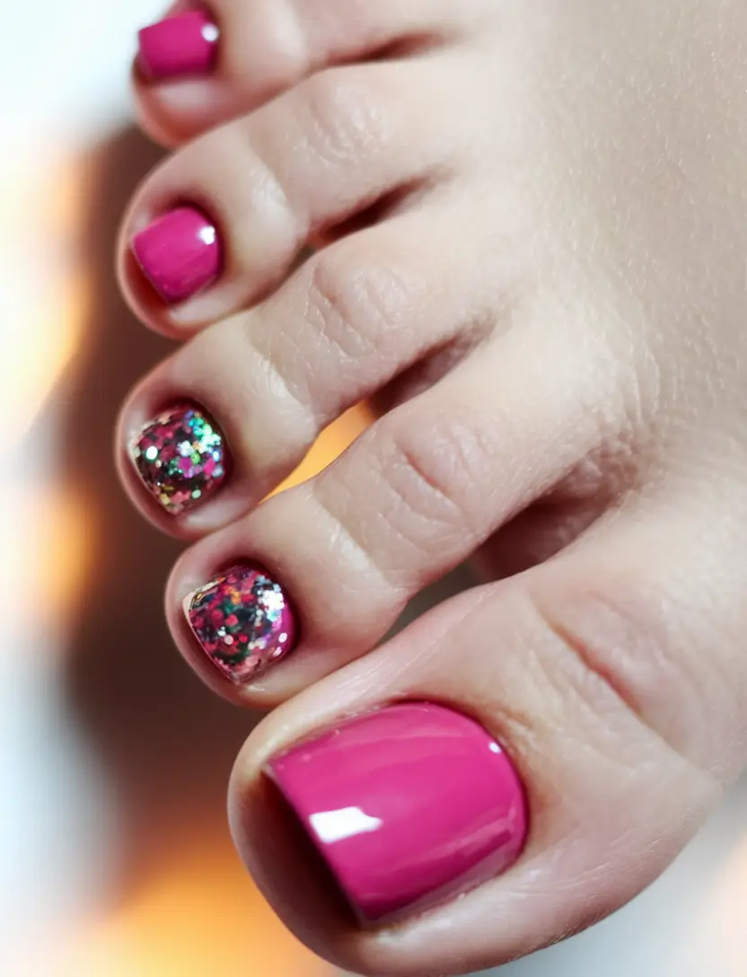 Cute Toe Nail Designs to Try Summer 2025 Fuchsia Rainbow Glitter