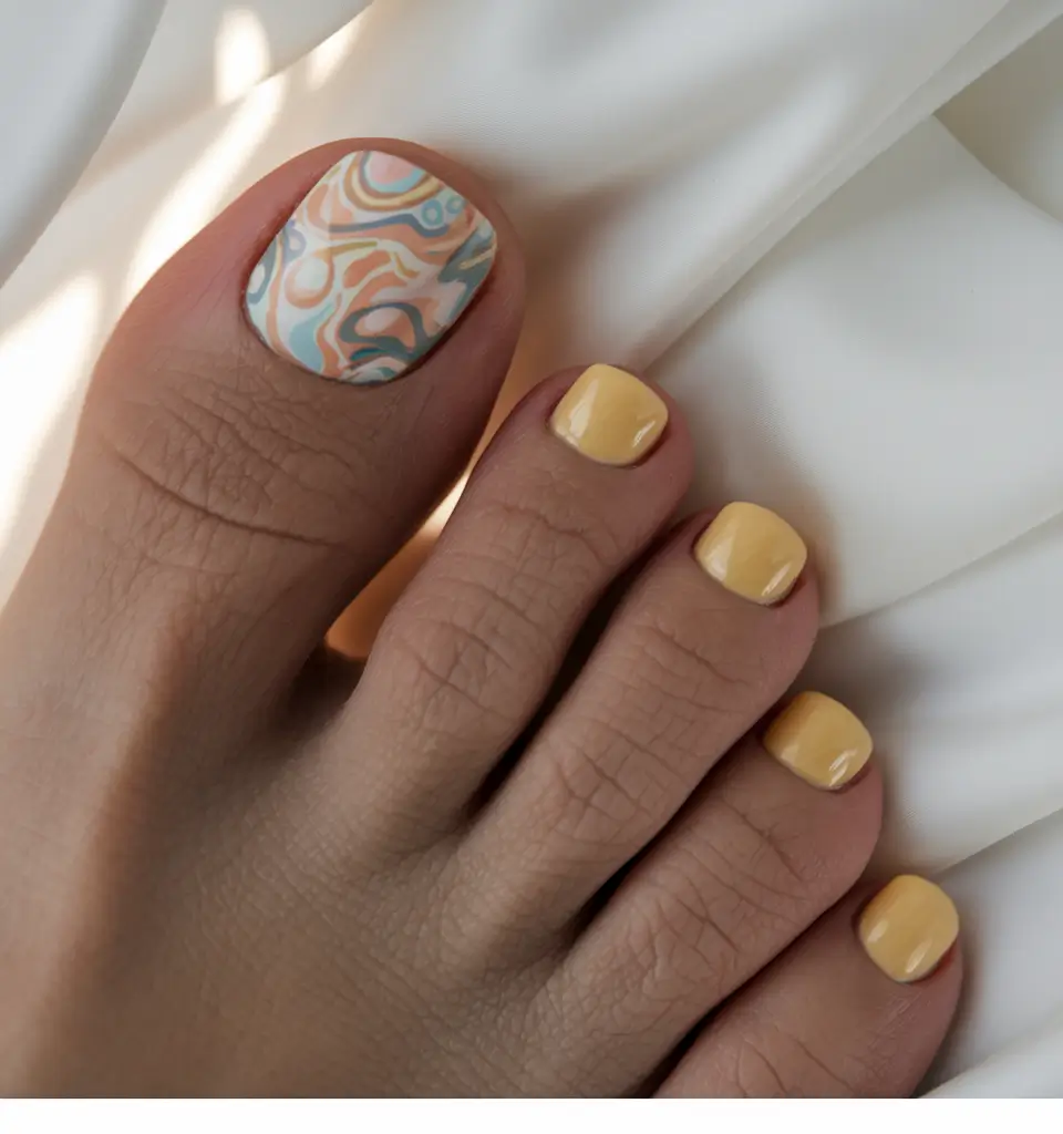 Cute Toe Nail Designs to Try Summer 2025 Yellow Pastel Swirls